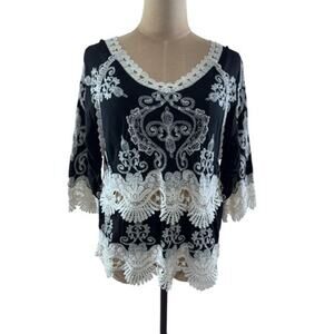 Linen,Black, Embroidered Blouse,‎ V-Neck, Size XL, Bohemian, Beach Wear, Gypsy